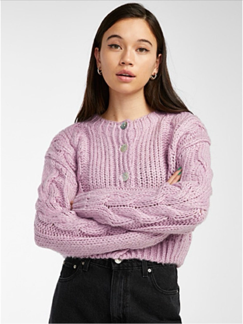 Soft Lilac Cropped Cable Knit Button Cardigan